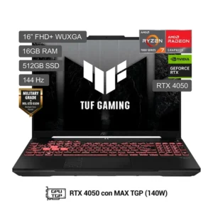 Notebook ASUS TUF Gaming A16 Ryzen 7 7445HS RTX 4050 16GB 512GB SSD 16" WUXGA 144Hz – Rendimiento gamer extremo y durabilidad militar
